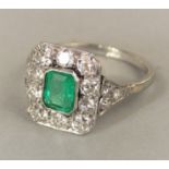 Fine art deco emerald and diamond ring in platinum, the collet set emerald measuring 6 x 5mm