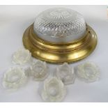 A good quality cut glass and brass domed ceiling light, with star and hob nail cut glass, 57cm