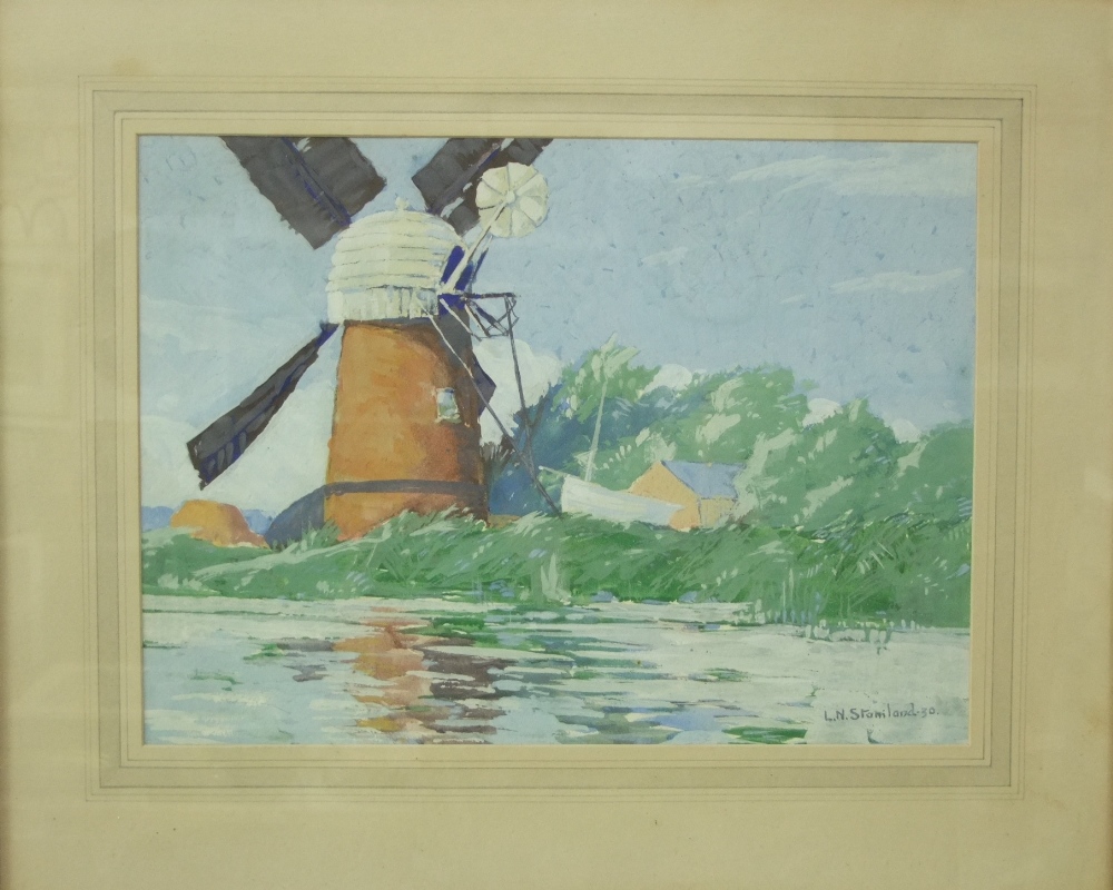 L N Staniland (20th century British) - Study of a windmill, gouache on paper, signed and dated 30,