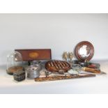 A box of interesting items to include a solitaire game, a Victorian papier mache desk standish,