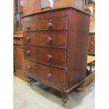 A Victorian mahogany bow fronted chest of three long and two short drawers on turned supports, 95 cm