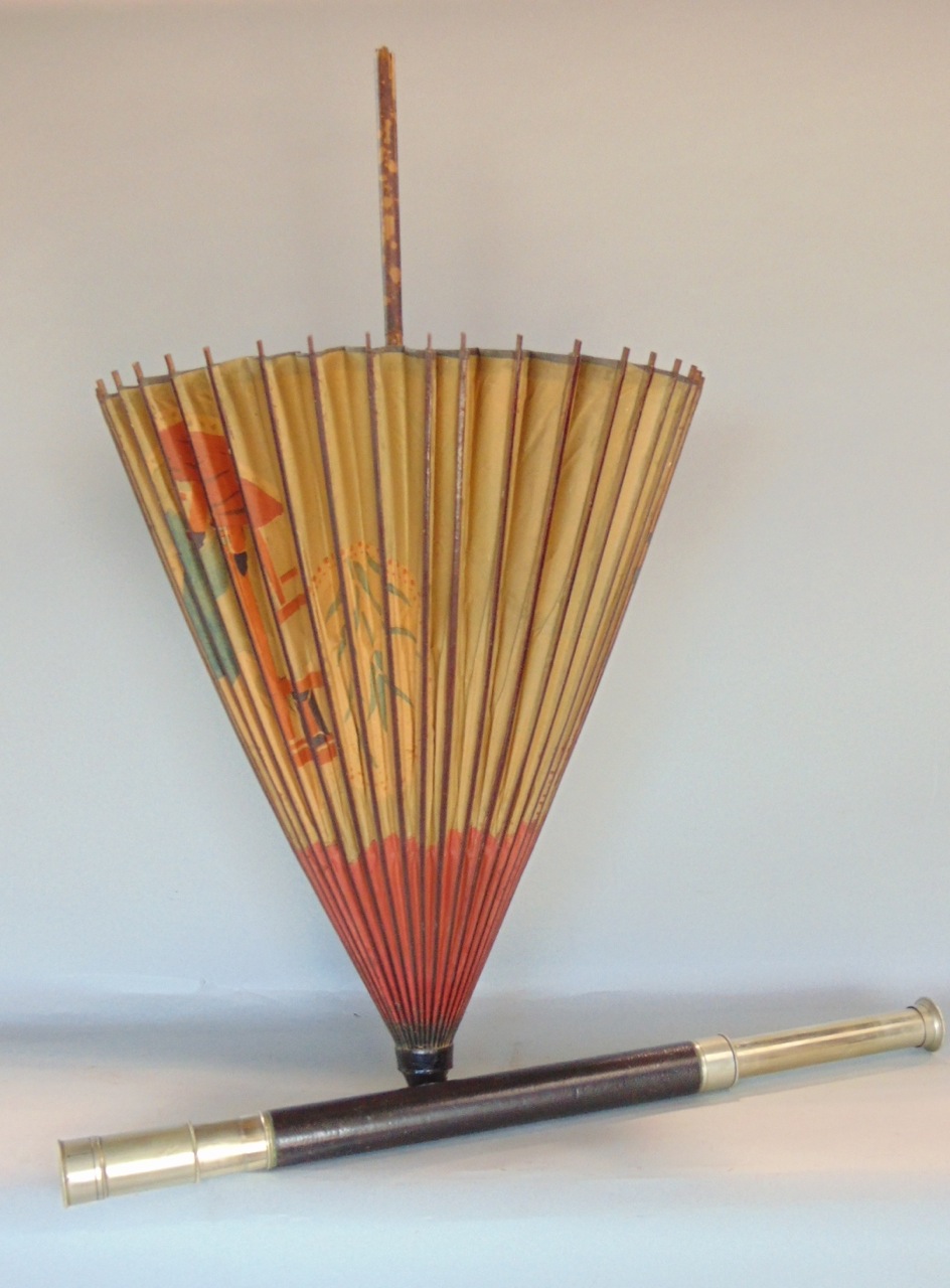 A mixed lot to include a leather clad draw telescope, far eastern wooden parasol (2)