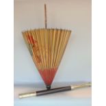 A mixed lot to include a leather clad draw telescope, far eastern wooden parasol (2)