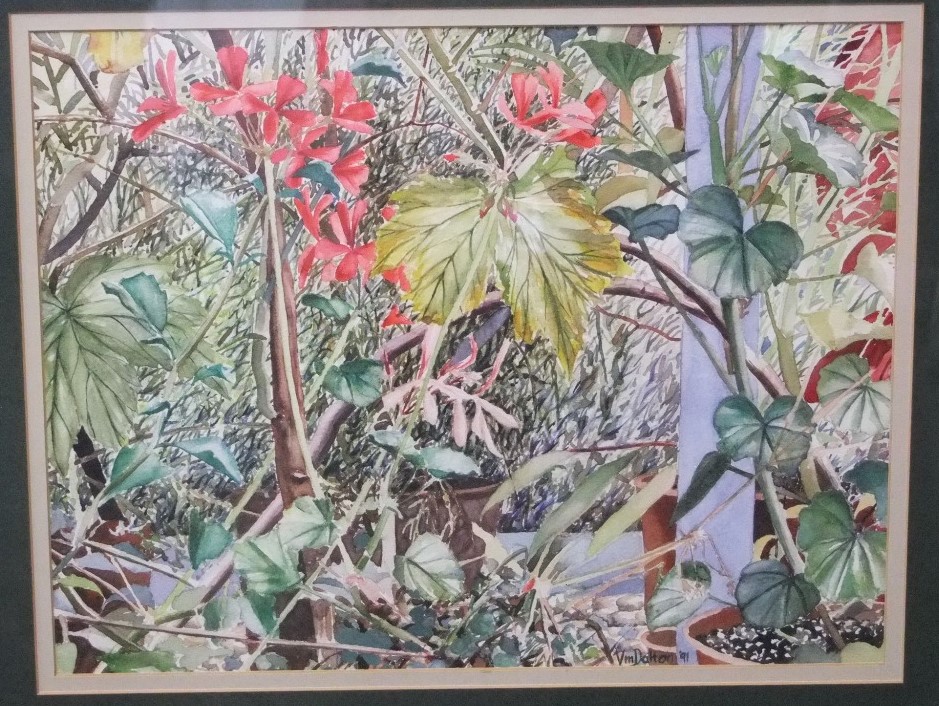 V M Dalton (20th century) - Study of potted plants, watercolour and bodycolour on paper, signed