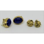 Two pairs of 18ct earrings; one pair of clips set with cabochon lapis lazuli, the other pair studs