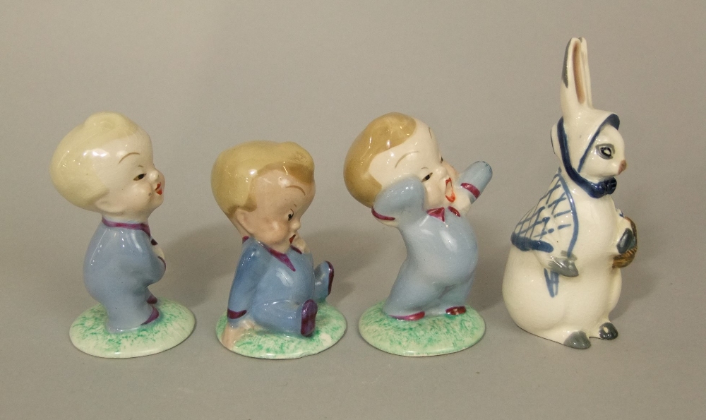 A set of three Wade nursery figures of Wynken, Blynken and Nod, a ceramic figure of a rabbit in blue - Image 3 of 3