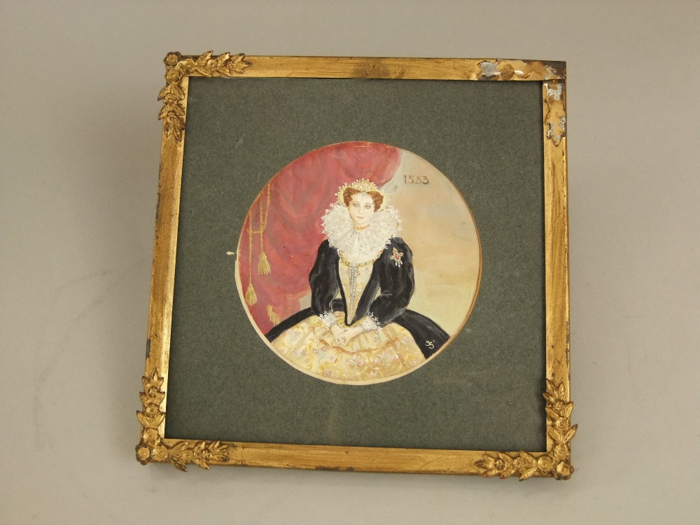 A mid-20th century watercolour study of Queen Elizabeth I of circular form, monogrammed SS