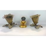 Good gilt brass ink well in the form of three seated hounds holding a spear with hinged lid