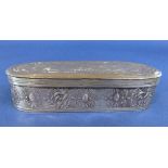 Continental white metal glasses/trinket box, the hinged lid embossed with a scene with figures and