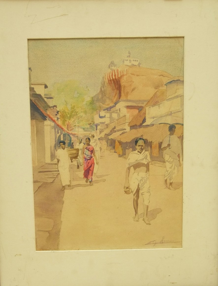 Early 20th century school - Indian street scenes with figures, watercolour on paper, indistinctly