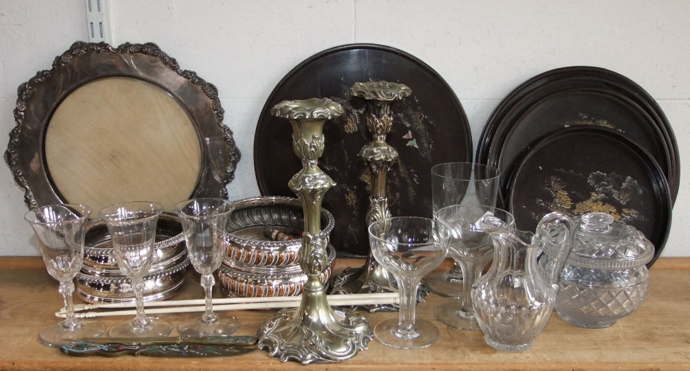 A mixed collection of silver plated and other items to include two pairs of silver plated wine