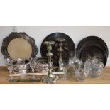 A mixed collection of silver plated and other items to include two pairs of silver plated wine