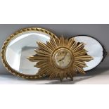 Gilt wood single train sunburst wall clock, the gilt dial with Arabic numerals, 52cm wide,