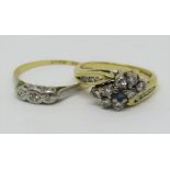 18ct diamond and sapphire cluster crossover ring, size K/L, together with a further 18ct diamond set