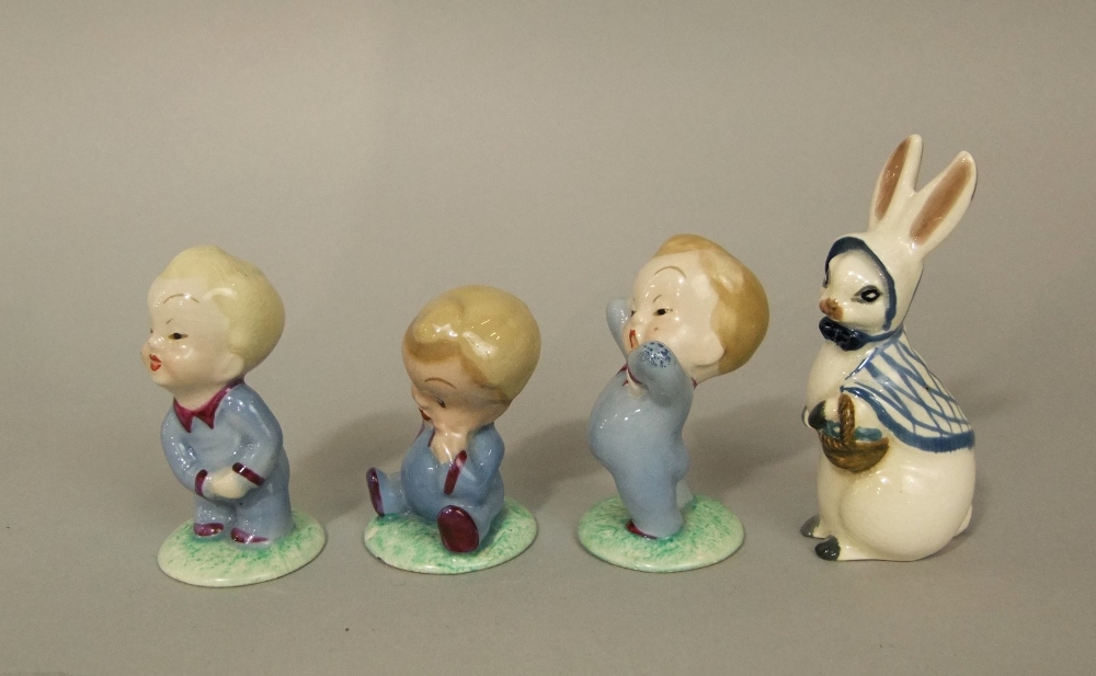 A set of three Wade nursery figures of Wynken, Blynken and Nod, a ceramic figure of a rabbit in blue - Image 2 of 3
