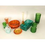 A mixed collection of glassware to include a green Whitefriars textured cylindrical vase, two