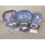 A collection of blue and white printed ceramics including five Copeland Spode Italian pattern tea