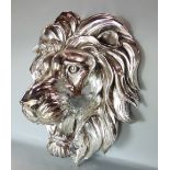 Cast resin silvered wall hanging bust of a lion, 50cm high and a machine tapestry panel - Monarch of