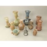 A collection of antique Roman style coloured Venetian type glassware, a green and blue glazed