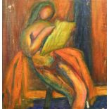 20th century school - Abstract style study of a seated woman reading, oil on board, unsigned, 61 x