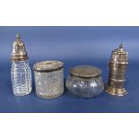 Britannia silver cylindrical pepper, with typical pierced lid and banded bowl with interesting clasp