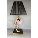 Porcelain and gilt cast metal figural table lamp decorated with a cockatoo upon a branch, 70cm