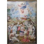 A 19th century needlepoint panel showing the Ascension of Christ, 107 x 71cm in gilt slip