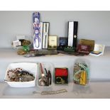 A box of interesting items to include vintage wristwatches, compacts, costume jewellery, cut