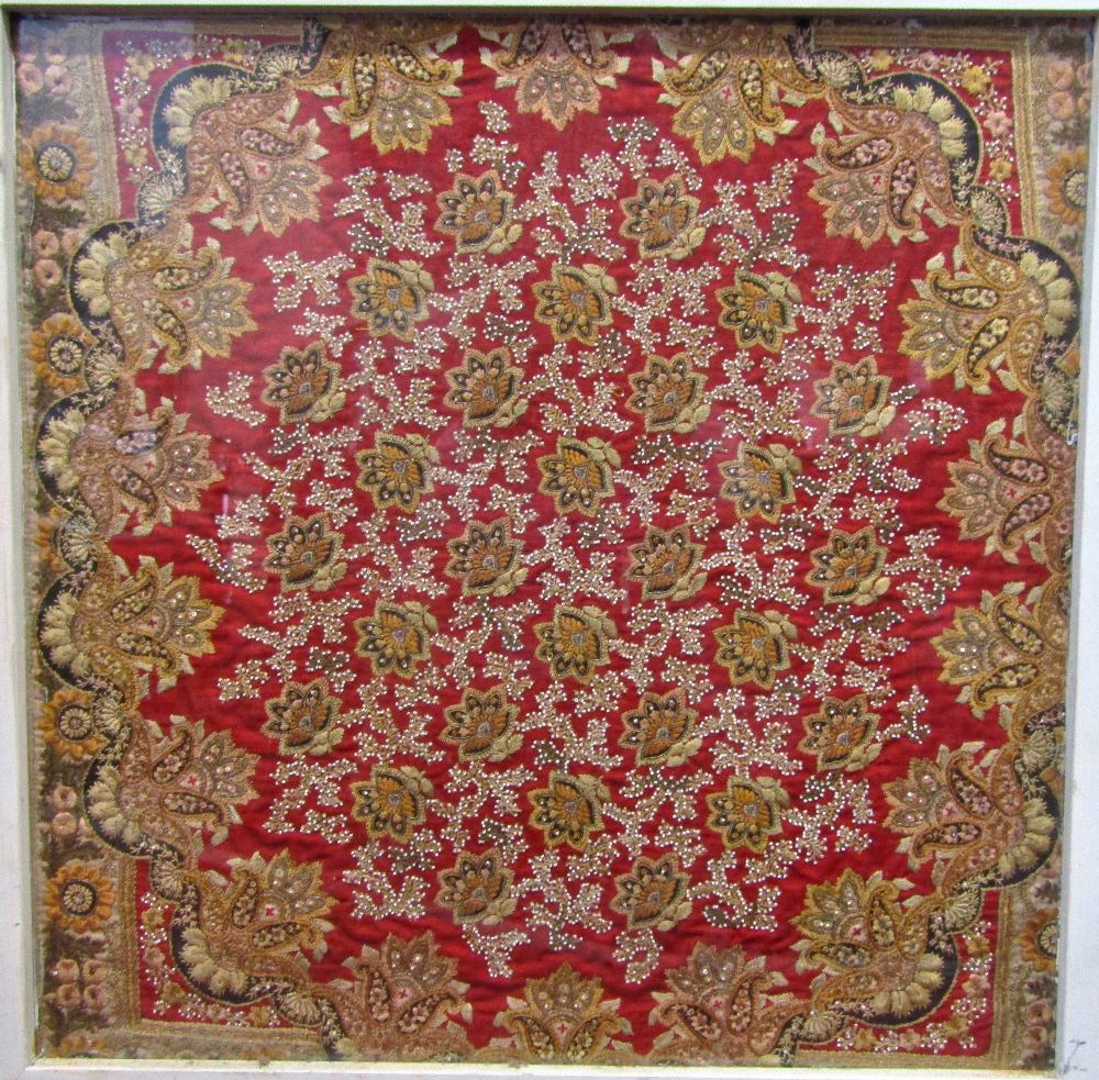 19th century oriental silk panel with elaborate embroidery including gold work, forming intricate - Bild 2 aus 5