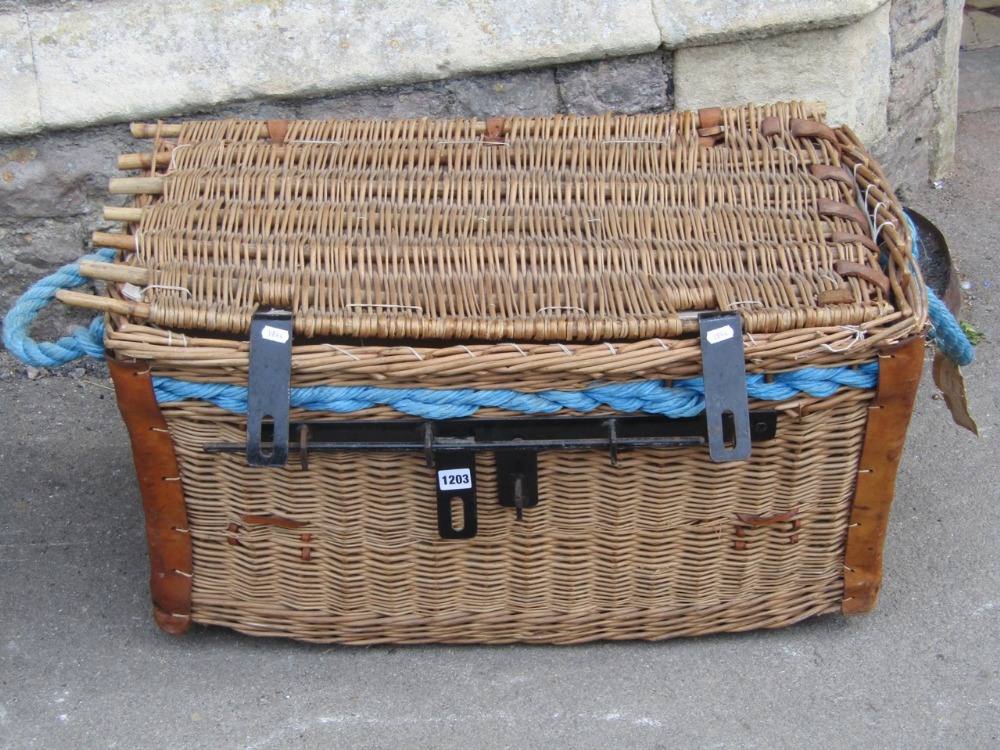 A vintage green canvas travelling trunk with timber lathes together with a vintage wicker work - Image 3 of 4