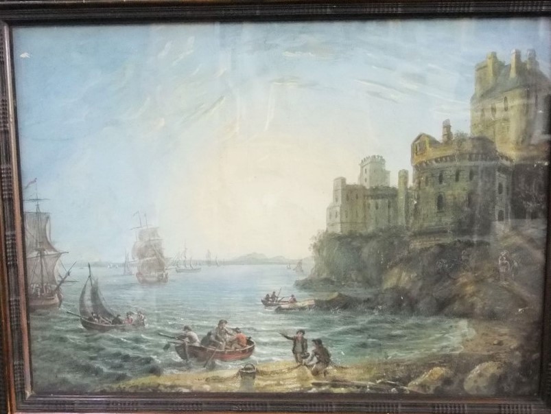 19th century school - Busy harbour scene with shipping, numerous figures in rowing boats, castle,