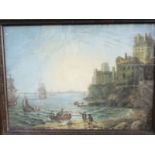 19th century school - Busy harbour scene with shipping, numerous figures in rowing boats, castle,
