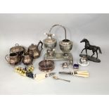 An interesting twin vessel samovar, together with various other silver plated tea wares and flat