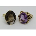 Two faceted 9ct dress rings; one set with amethyst, the other with smoky quartz, sizes P & O, 15.