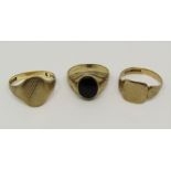 Group of three signet rings; one 9ct example, one set with jet and indistinctly marked, one