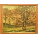P Slater (20th century British) - Cotswold hillside scene with houses, oil on board, signed and