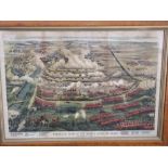 A late 19th century coloured lithograph showing a birds eye view of the battle of Tel-el-Kebir,