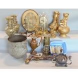 A good collection of mixed metalware to include a pair of Japanese bronze relief vases, a