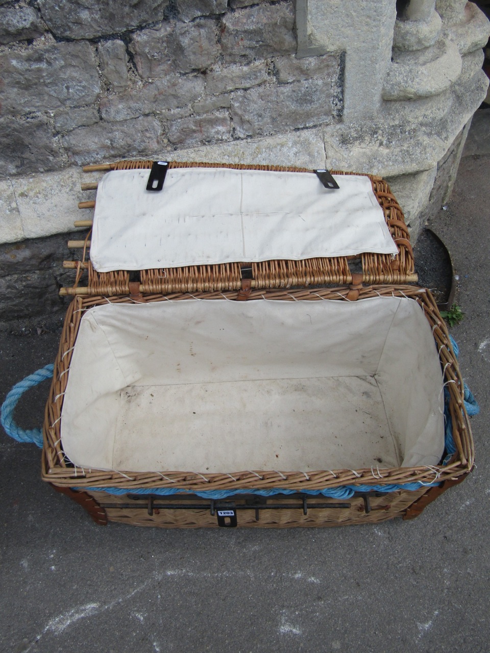 A vintage green canvas travelling trunk with timber lathes together with a vintage wicker work - Image 4 of 4