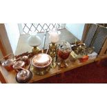 A mixed collection of brass and copper to include a pair of brass open barley twist candlesticks,