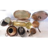 A large collection of 19th century and later metal wares to including copper jam pan, coal