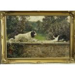 20th century - Garden scene with spaniel confronting a cat on a stone wall, oil on canvas, unsigned,