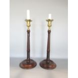 A pair of 19th century mahogany and gilt brass candlesticks, the floral brass sconces upon fluted