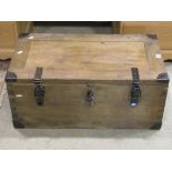 A heavy duty stripped hardwood box, probably military with steel banded borders