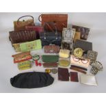 Mixed collection of vintage accessories including 2 alligator handbags, one snakeskin bag, an