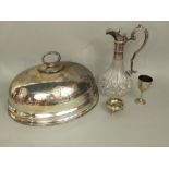Silver plated and hobnail cut glass ewer, with C scrolled handle and silver plated neck, 29cm