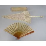 19th century parasol with folding wood/ivory handle, carved ivory knop, with double silk canopy,