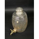 19th century glass barrel with cut detail registering 5 quarts, with mushroom stopper and brass