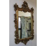 A small decorative rococo style wall mirror, the gilded frame with trailing floral, leaf, C scroll