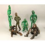 A collection of studio pottery figures of male characters with green painted glazed finish (6)